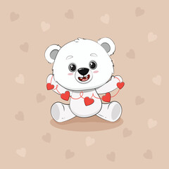 Cute cartoon polar bear cub with a heart for your disign. Valentine's day card. Vector illustration