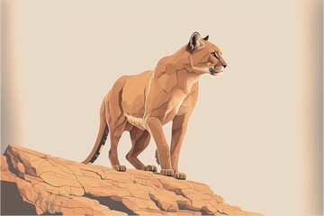 Minimalist illustration of mountain lion on a rock. Generative AI