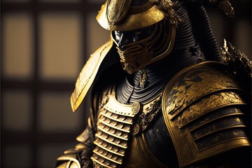 Gloomy samurai warrior in golden armor, dojo in the background. Generative AI