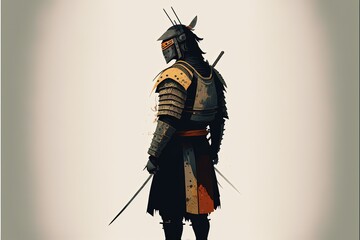 Samurai warrior with armor and sword, beige background, minimalist illustration. Generative AI