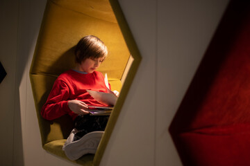 the boy sits in a comfortable seat, enthusiastically examines books to read, is going to read