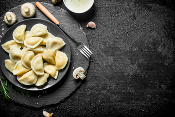 Dumplings with sour cream in bowl.