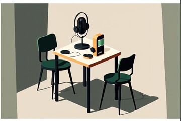Chairs and table with microphone for podcast, gradient background. digital illustration AI