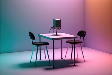 Chairs and table with microphone for podcast, gradient background. digital illustration AI
