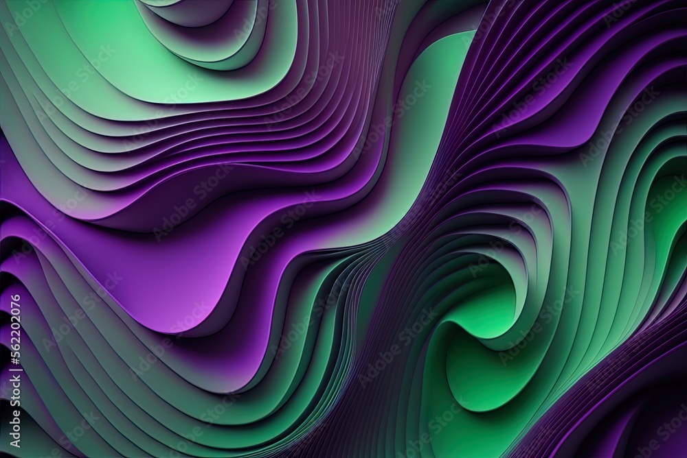 Poster undulating layers of green and purple. cool abstract style. generative ai