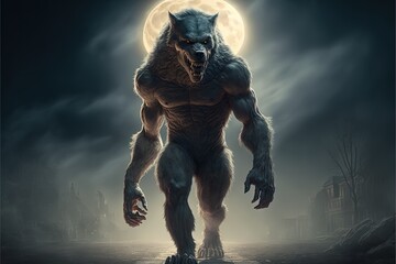 Werewolf with frightening look, moon in the background. Digital illustration.Generative AI