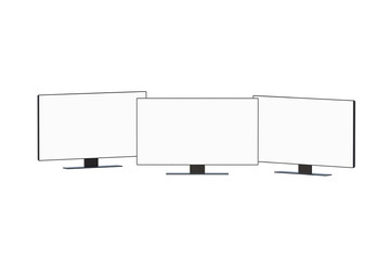 Three flat wide TV with white screen isolated on white background. 4k blank monitor. Widescreen for presentation. lcd panel. 3d render