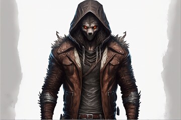 Fototapeta premium Werewolf with leather jacket, frightening look, white background. Digital illustration. Generative AI