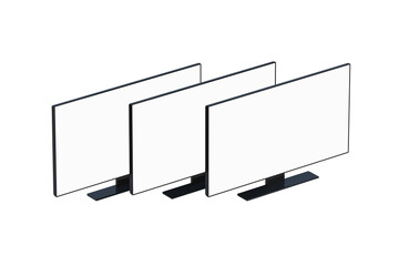 Three flat wide TV with white screen isolated on white background. 4k blank monitor. Widescreen for presentation. lcd panel. 3d render