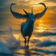 mythical creature at sunset, by the seashore, fantasy, ai