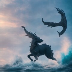 Fototapeta premium mythical creature at sunset, by the seashore, fantasy, ai