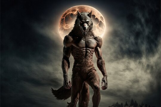 Werewolf with frightening look, moon in the background. Digital illustration.Generative AI