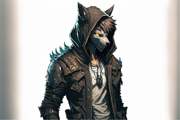 Fototapeta premium Werewolf with leather jacket, frightening look, white background. Digital illustration. Generative AI