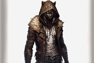Werewolf with leather jacket, frightening look, white background. Digital illustration. Generative AI
