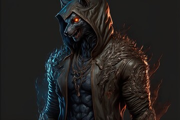 Werewolf with leather jacket, frightening look. Digital illustration. Generative AI