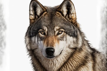 Fototapeta premium Wolf with intimidating look, wolf face with white background. Generative AI