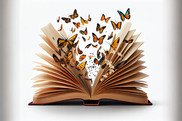 Buch aus dem Schmetterlinge heraus fliegen, Generative KI - obrazy, fototapety, plakaty