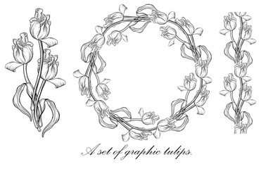 Blank frame made of stylized pink tulips. Floral wreath for romantic design, wedding invitations, advertisement