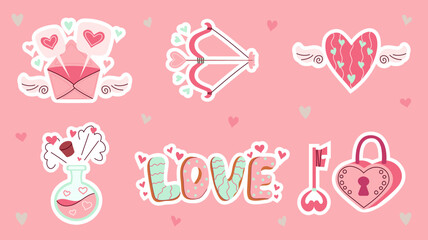 Fototapeta na wymiar Love set. Cute stickers romantic elements. Doodle in cartoon style. Valentines day. Vector illustration.