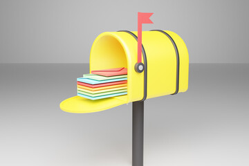 yellow box with multi colour mail envelope on flag handle 3d render illustration