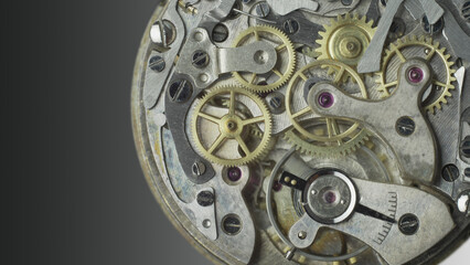 Rusty old retro vintage clock watch mechanism close-up detail