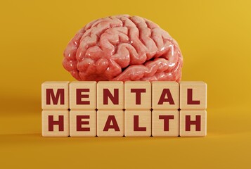 Wooden blocks with the inscription Mental Health on the background of the brain. The concept of mental problems, mental illness. Taking care of mental health. 3D render, 3D illustration.