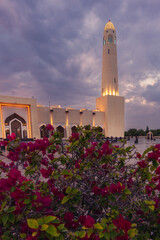 imam Muhammad bin AbdulWahab Mosque at the cloudy night in the city of Doha, Qatar, Middle east