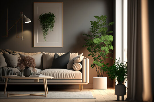 Modern living room scandinavian style, picture frame mockup. Generative AI