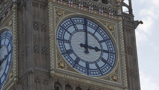 A close up view of the Big Ben tower&rsquo;s clock.