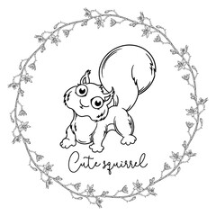 Obraz premium Outline cartoon illustration of a squirrel. Black and white drawing. Squirrel.