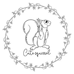 Outline cartoon illustration of a squirrel. Black and white drawing. Squirrel.