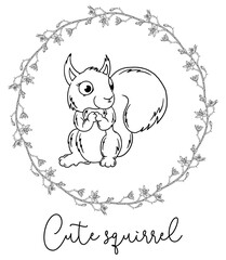 Outline cartoon illustration of a squirrel. Black and white drawing. Squirrel.