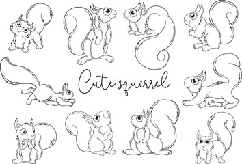 Naklejka premium Outline cartoon illustration of a squirrel. Black and white drawing. Squirrel.