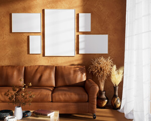 Modern interior with empty picture frame on the wall. Mockup template design. 3d render