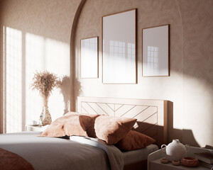 Modern interior with an empty picture frame on the wall. Mockup template design. 3d render