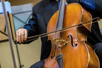 Fototapeta premium Playing with a bow on the cello close-up