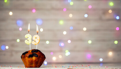 Happy birthday background with muffin and number of candles on light bulbs bokeh background....