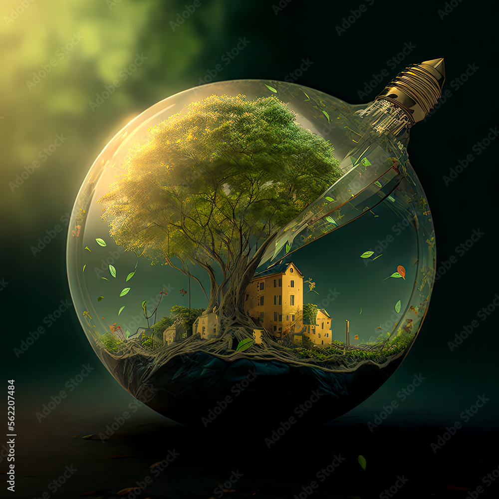 Aufkleber a green planet with a building in the background - generative ai