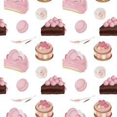 Seamless pattern of watercolor aesthetic pink desserts and confectionery, macaroons and flowers, illustration on white background