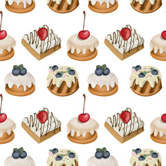 Seamless pattern of watercolor fruit cakes and waffles, illustration on white background