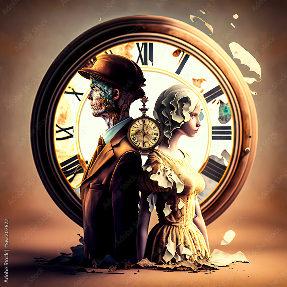 Aufkleber a man and a woman standing in front of a clock - generative ai