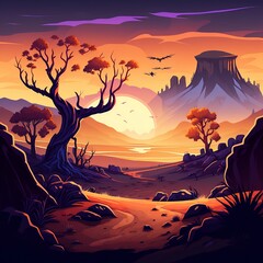 background, landscape, vector, horizontal, game assets, mountains, trees, rocks, desert, sunset, hot, Generative AI