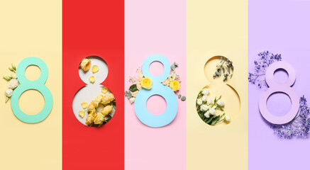 Collage with beautiful flowers and figure 8 for International Women's Day on colorful background