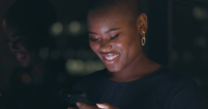 Smartphone, night and business woman networking on global app, funny meme notification or social media chat. Smile of corporate worker using phone or cellphone in dark office on digital communication