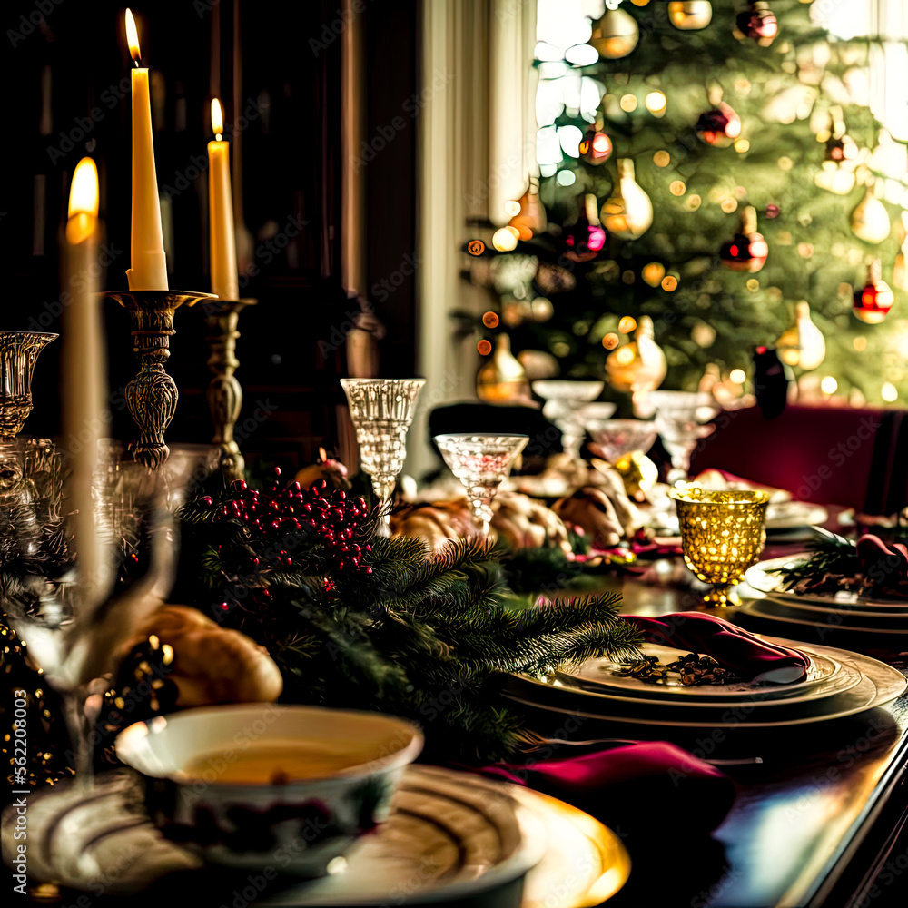 Poster a table with plates and candles - generative ai