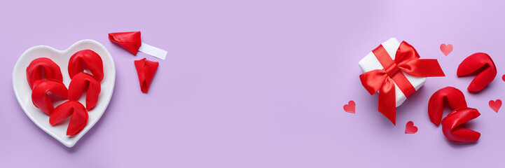 Banner for Valentine's Day with fortune cookies and gift on lilac background