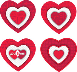 Set of four red hearts with decorative inscriptions and patterns. Vector illustration and PNG