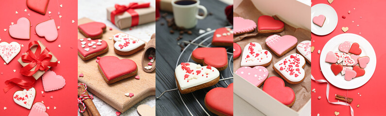 Collage with delicious heart-shaped cookies. Valentine's Day celebration