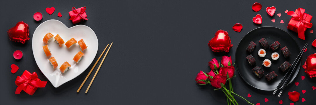 Banner for Valentine's Day with sushi, gifts and flowers on black background