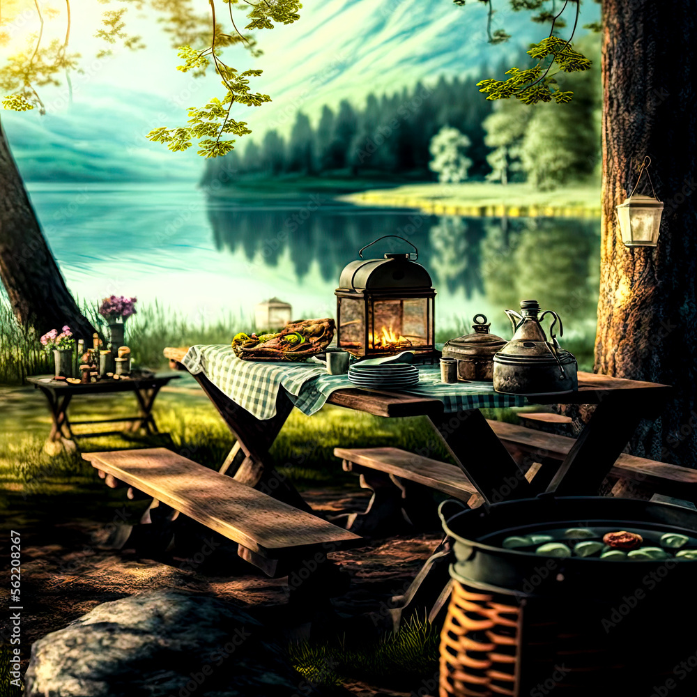 Poster a picnic table with a tea set and a lake in the background - generative ai